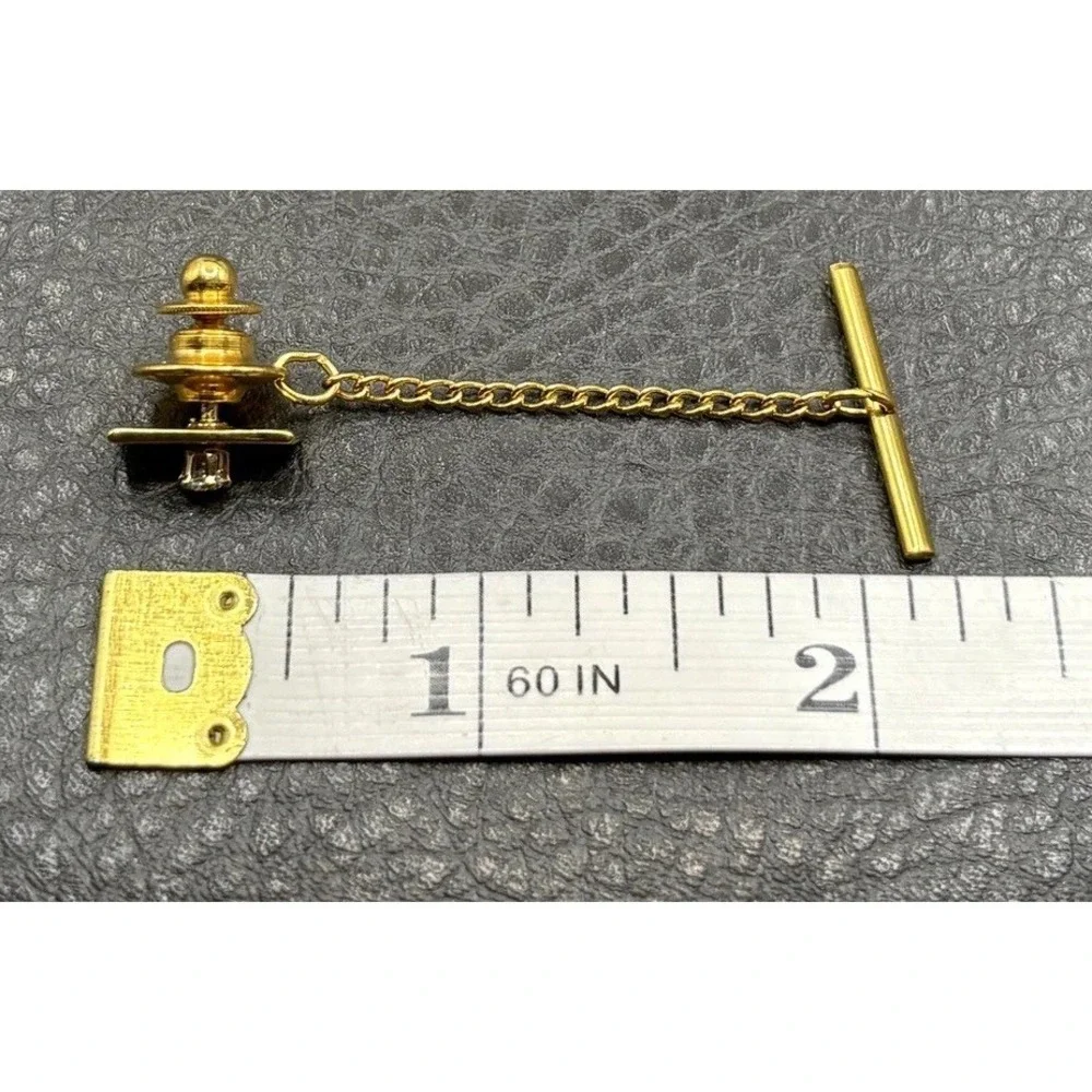 Vintage Men's Tie Tack Rectangle Bar Clear Cubic Zirconia Lapel Pin Gold Tone